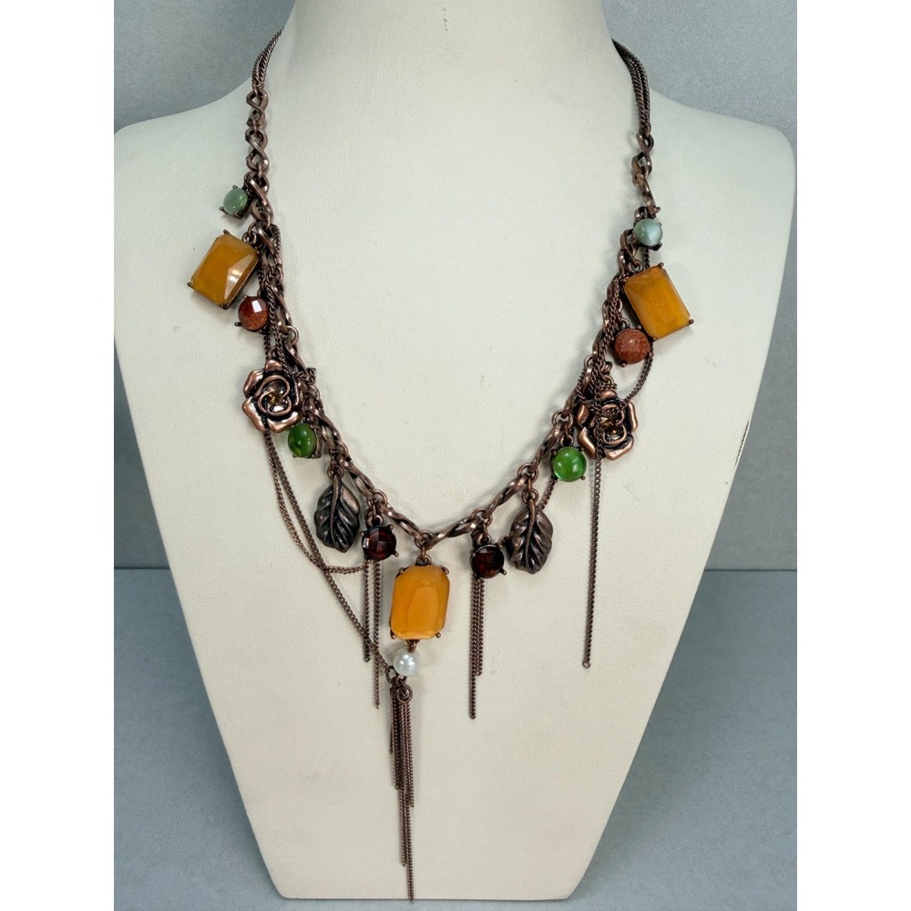 Vintage Signed N Statement Charm Necklace Copper Tone Floral Tassel Boho